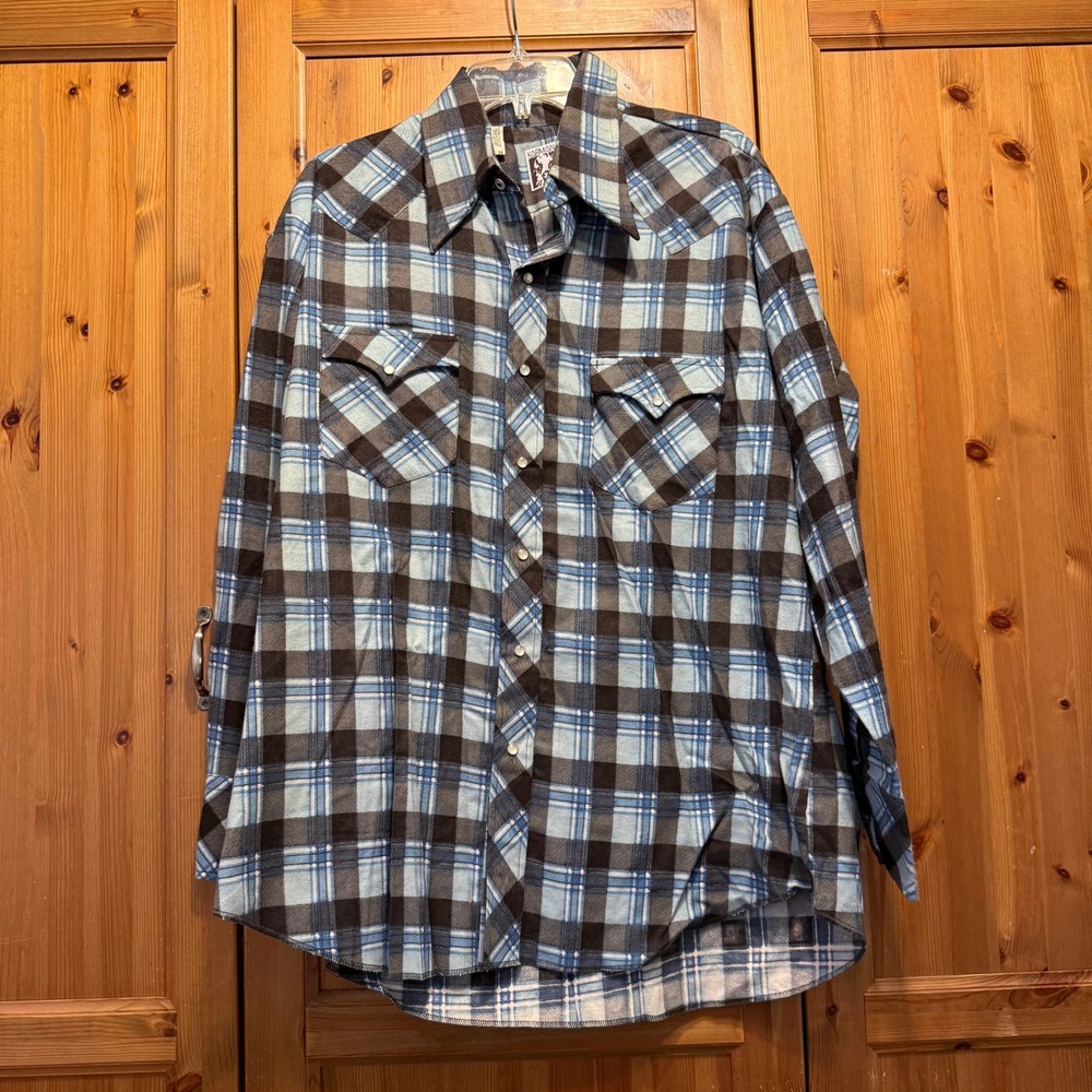 Karman Men's Western Flannel with Pearl Snaps Size 17 Blue/Gray